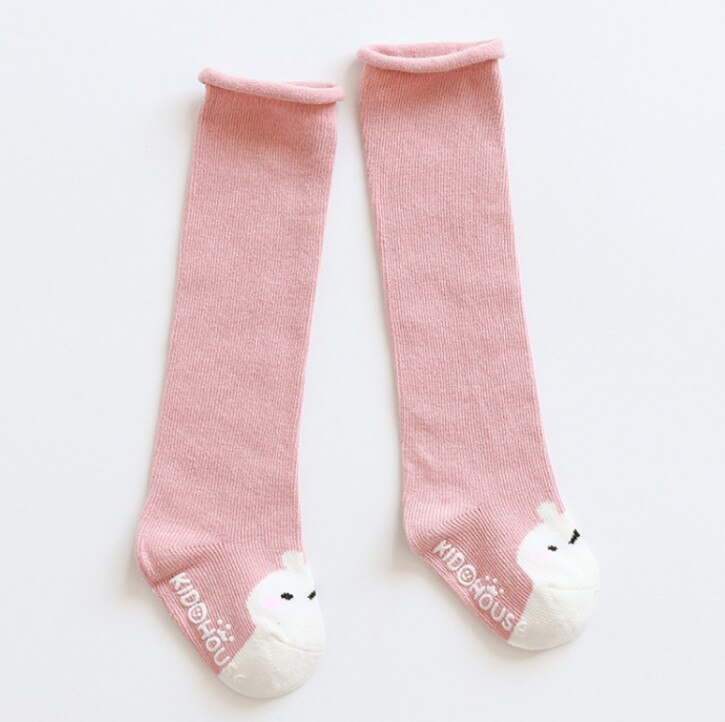 Carton bébé mignon coton genou chaussettes hautes anti-dérapant longue jambe plus unisexe enfants bas longues chaussettes fille solide Bow 1-3 Y: F / Nouveau-né