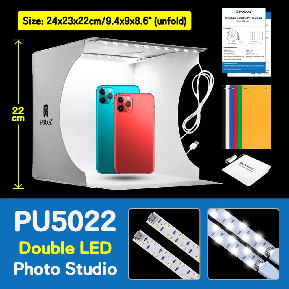 Puluz – Mini boîte à lumière LED pour Studio Photo, éclairage annulaire, Kit de tente pour prise de vue, arrière-plan de photographie, 6 couleurs Studio de photographie Lightbox 6 décors de couleur Softbox Photo Studio: 20cm Dual LED