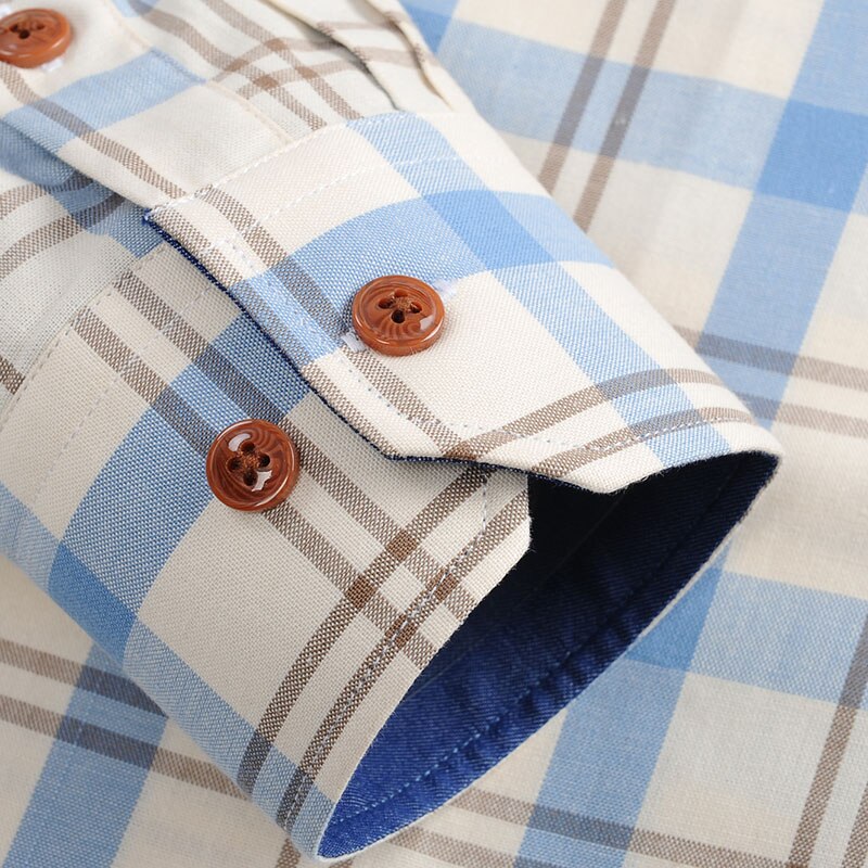 Men&#39;s 100% Cotton Long Sleeve Contrast Plaid Checkered Shirt Pocket-less Casual Standard-fit Button Down Gingham Shirts