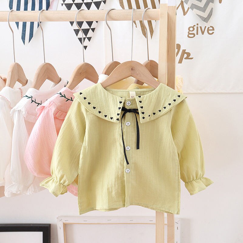 Printemps chemise bébé filles couleur bonbon coton Blouse infantile point motif nœud papillon à lacets revers doux mignon confortable pleine manches: yellow / 110