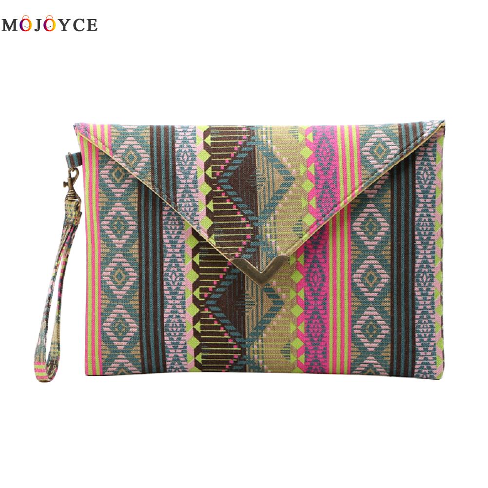 Boho Retro Mulheres Envelope Saco de Embreagem Estilo Étnico Bolsas Feminino Bolsa Pequena Sacola de Lona Ocasional Moda Partido Bolsa Das Senhoras: Black