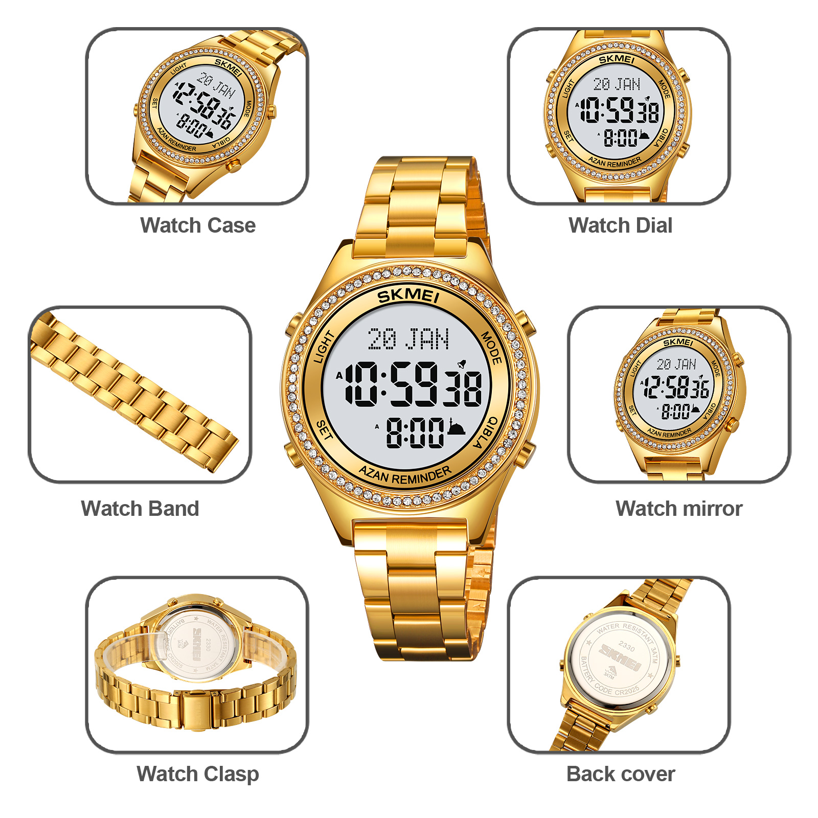 SKMEI Women Worship direction indication Muslim Azan Digital Watch Led Light Watch Pilgrimage Time Reminder Function Watch 2330