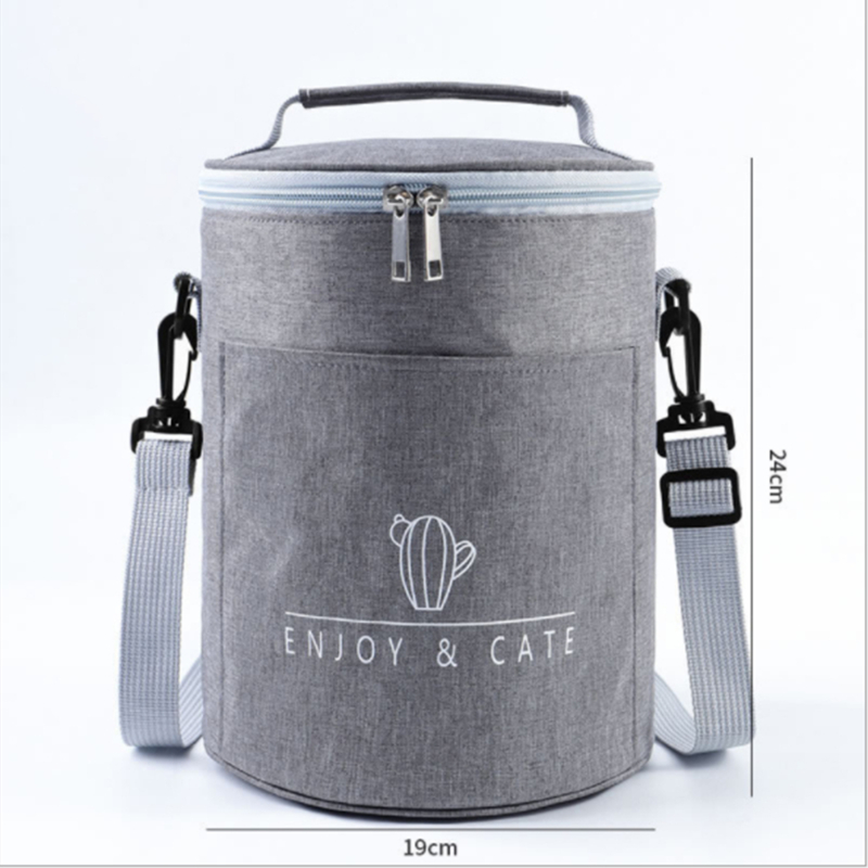 Large-Capacity Portable Lunch Bag Fresh-Keeping Thickened Lunch Box Bag Round Barrel Aluminum Foil Insulation Bags: Beige