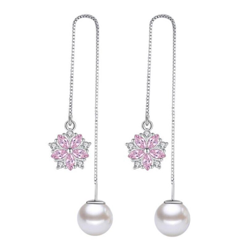 Europe and America 925 Sterling Silver Crystal Flower Pearl Tassel Dangle Earrings for Women Girls Earring Jewelry LY051