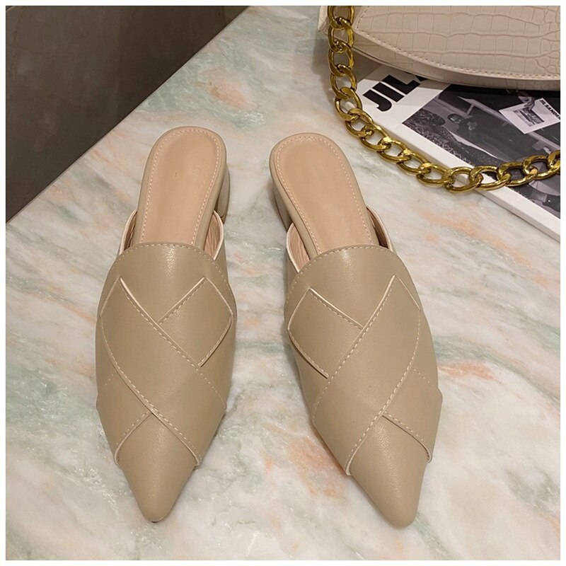 Suojialun vævning kvinder muldyr spids tå lave hæle udenfor tøfler damer slip on slides sandal sko afslappet slip: Beige / 39