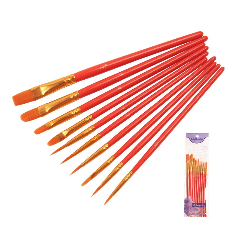 10Pcs/set Nylon Artist Paint Brush Watercolor Acrylic Wooden Handle Painting Brushes Art Supplies Stationery