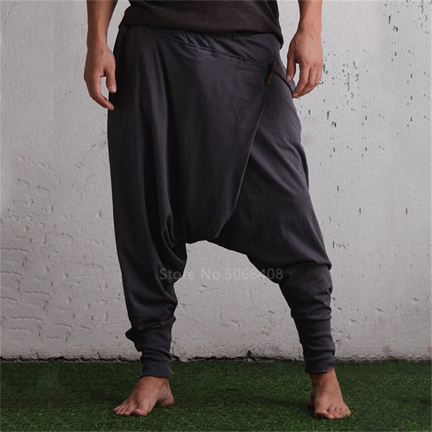 Mann retro middelalder pirat viking haremsbukser tilfeldig løs halloween scene - bukser med vidde ben i skritt solid hip hop streetwear: Grå / 3xl
