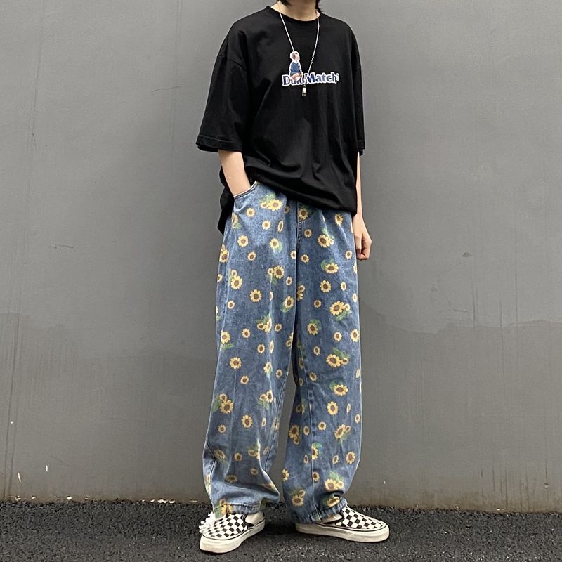 Pantalones vaqueros rectos coreanos a la Retro informal con flores para hombre, pantalones vaqueros holgados de estilo Hip-hop con cordón, pantalones vaqueros para hombre M-XL