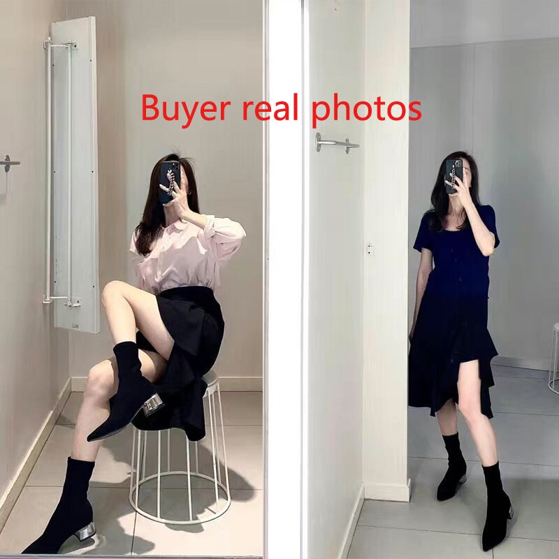 Botas finas de tacón alto para mujer, Botines de tacón medio puntiagudos, de punto, para otoño e invierno,