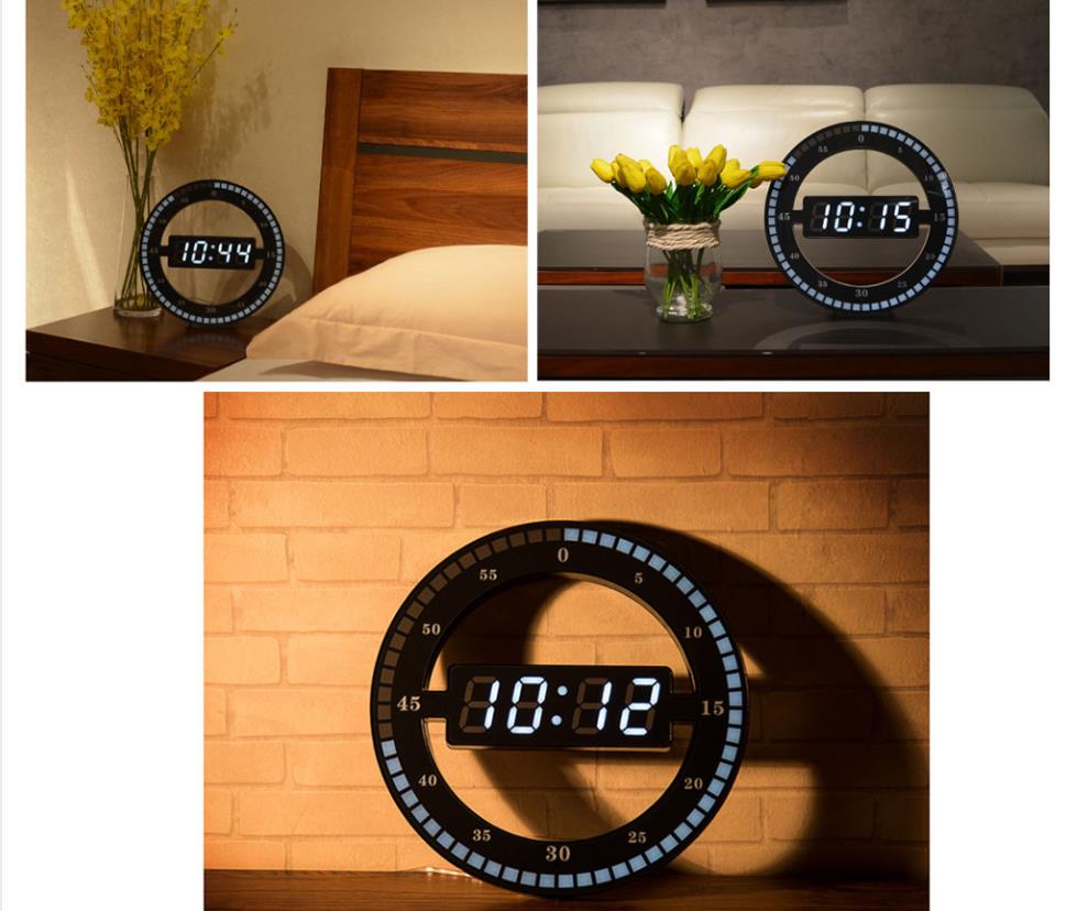 Mute Hanging Wall Clock Black Circle Automatically Adjust Brightness Digital Led Display Desktop Table Clock