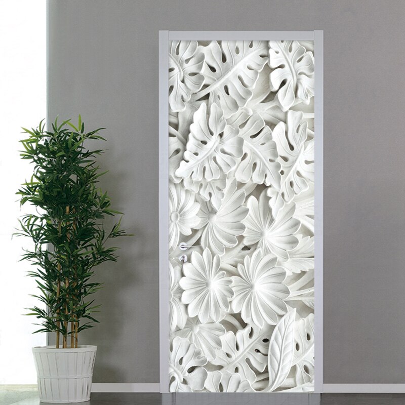 Pegatina autoadhesiva de puerta 3D, patrón de hojas blancas estéreo, sala de estar de yeso para papel tapiz, dormitorio, decoración del hogar, pegatinas impermeables de PVC
