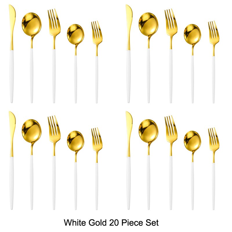 20 pièces or noir ensemble de couverts ensemble de vaisselle 18/10 acier inoxydable couteau Dessert fourchette cuillère vaisselle argenterie directe: White Gold