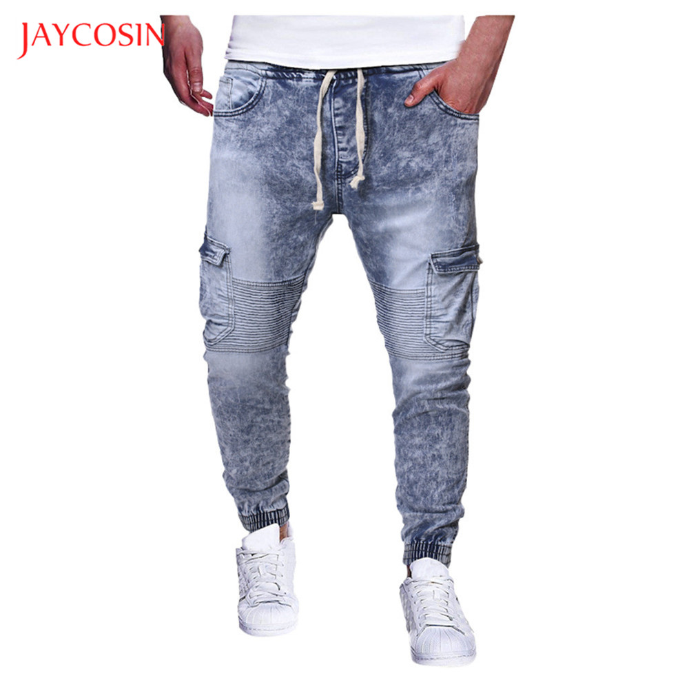 Jaycosin Men Pleated Jeans Pants Straight Light Denim Trousers Pocket Jeans Casual Men Mid Waist Pants