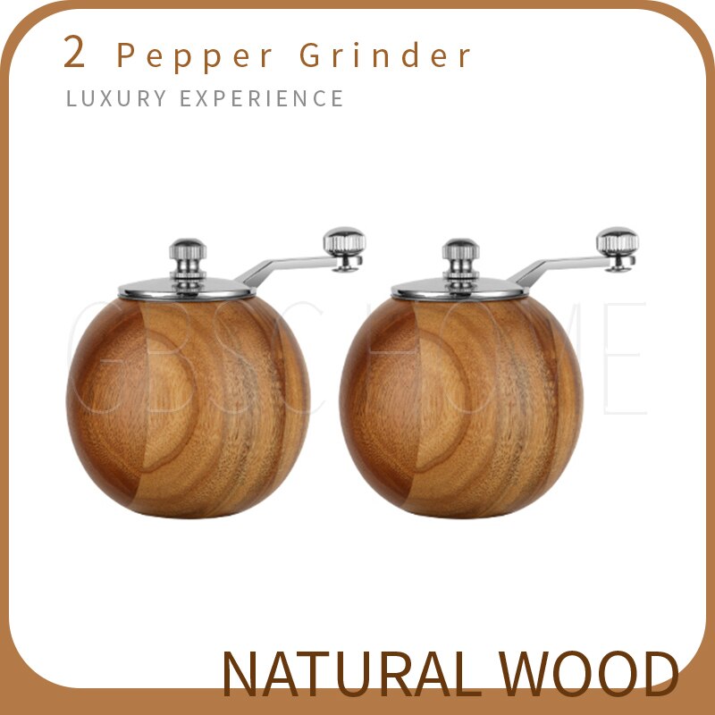 Style Advanced Round Ball Wooden Grinder Hand Crank Grinding with Base Set Manual Pepper Grinder Kitchen Supplies Tools: 2pcs