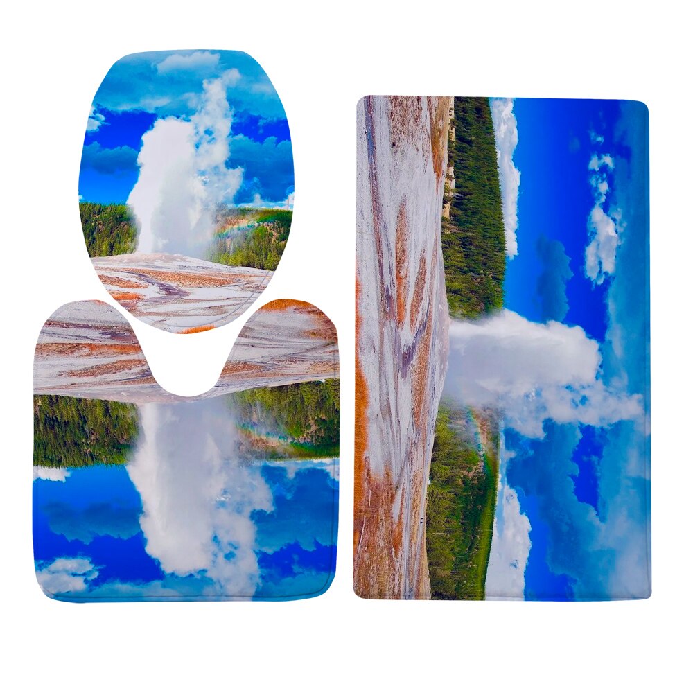 Cloocl Wc Cover Set Yellowstone Park Natuurlijke Landschap 3D Flanel Drie Stuk Wc U-Vormige Tapijt Absorberende tapijt