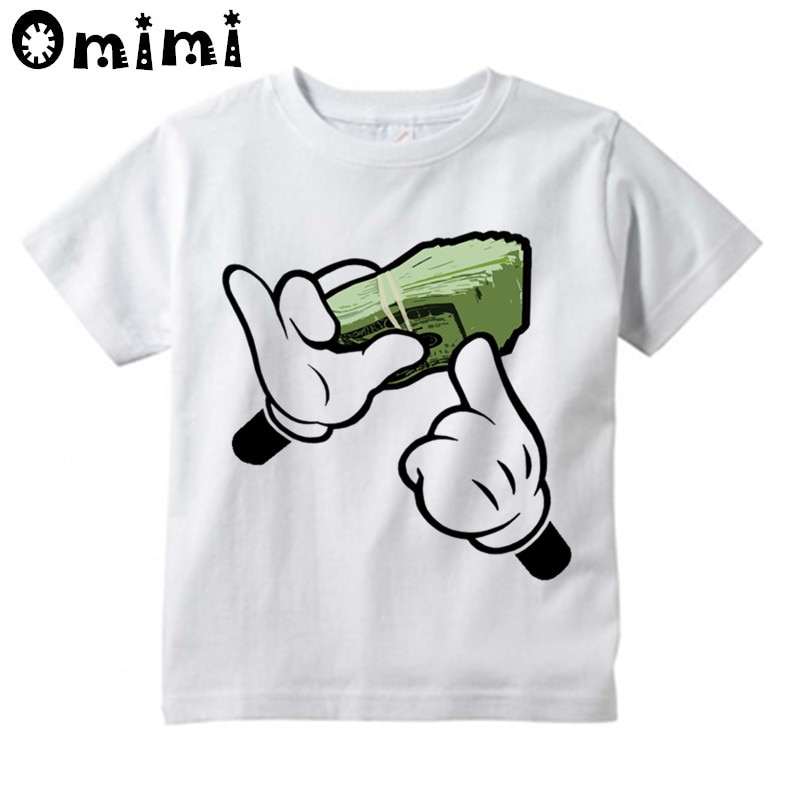 Meninos/meninas mãos obter dinheiro desenho dos desenhos animados t camisa crianças bonito casual encabeça crianças verão branco camiseta