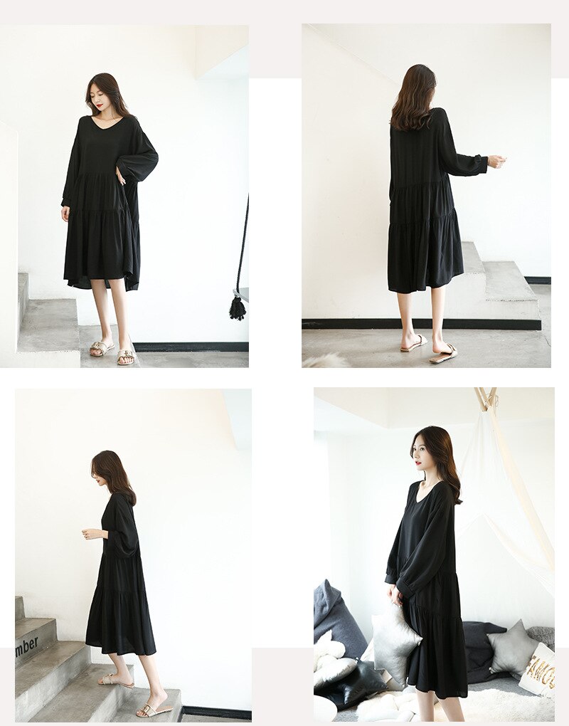 Summer Cool Long-sleeved Night Gowns Large Size Women Loose Style Solid Colors Blue Black Colors Home Night Gown Cotton