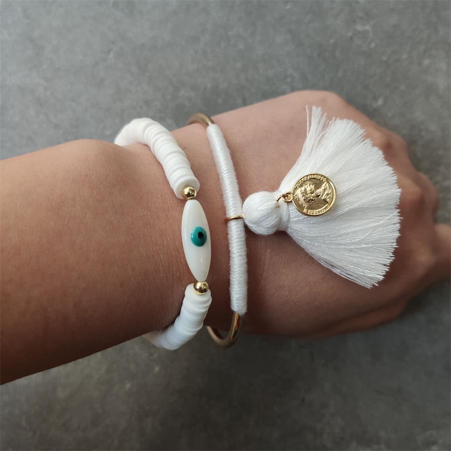 Boho Lucky Evil Eye Armbanden Voor Vrouwen Witte Kleur Handgemaakt Rubber Touw Gouden Armband Sieraden Kwast Armband Vrouw