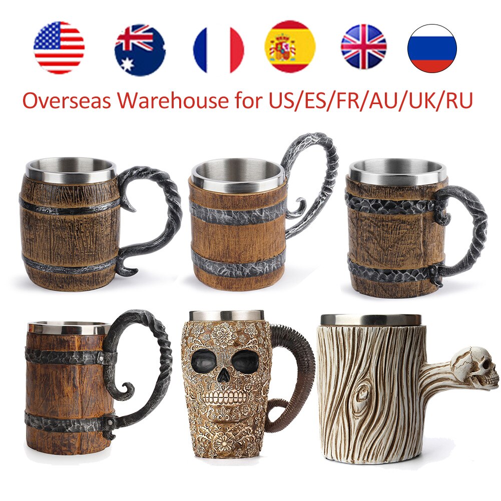 Viking Wood style Beer Mug Double Wall Insulated Beer Cup Wine Tumbler Tea Milk Coffee Cup Bar Drinking Christmas