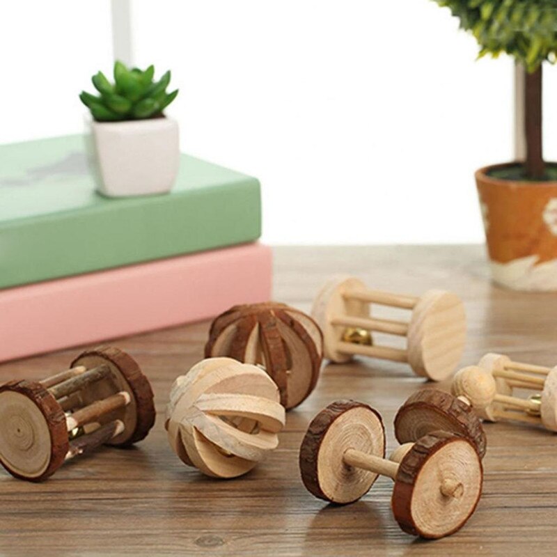 Hamster Natural Wooden Wood Molar Chew Toys Pine Dumbbells Unicycle Bell Roller Toys for Guinea Rat Small Pet Molars Supplies