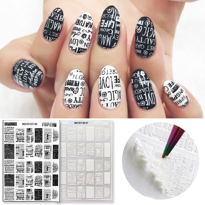 1 Vel Nail Sticker Zwart En Wit Krant Patronen Zelfklevende Leuke Nail Art Decals Diy 3D Decoratie nail Art