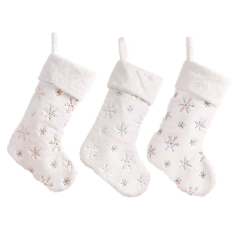 3 st snöflingor broderade vita plysch julstrumpor väska hängande öglor julgran öppen spis godis strumpor: Default Title