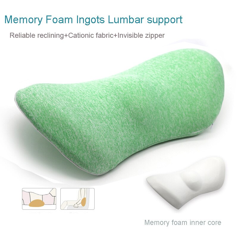 Slow Rebound Memory Cotton Lumbar Support Pillow for Office Chair Multi-Functional Car Back Pillow Waist Protect Cushions HM014: Cation green