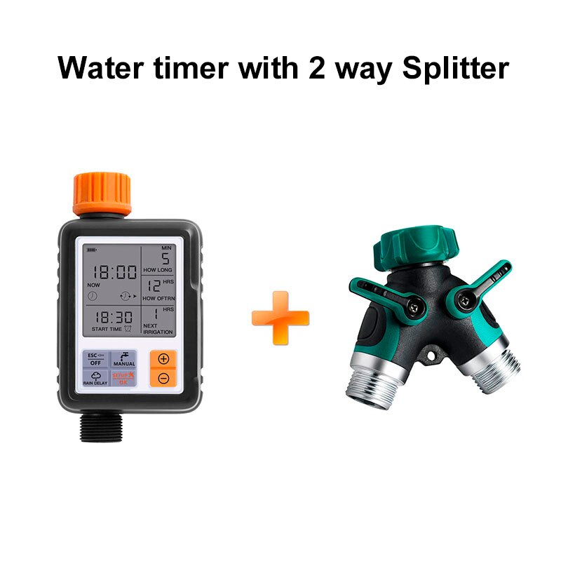 Automatisk vanding vandtimer lcd-skærm sprinkler controller udendørs have vanding timer enhed enhed værktøjssystem: Med 2- vejs splitter
