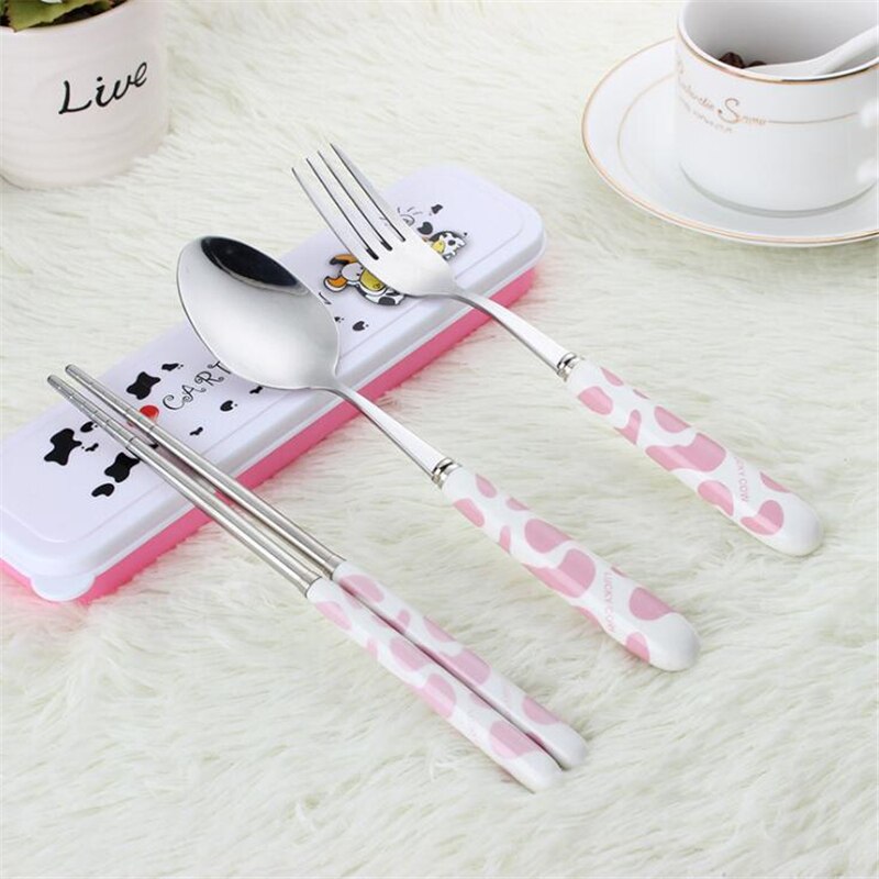 Baby Kids Cute Fork Spoon Cutlery Set Cartoon Ceramic Handle Stainless Steel Children Chopsticks Fork Cutlery Portable Tableware: Pink 3pcs