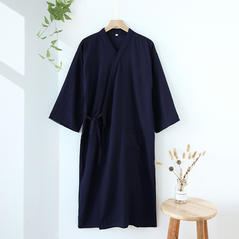 Kimono japonais Long pour homme, chemise de nuit légère et respirante, ample, collection printemps-automne: cyan-blue / L