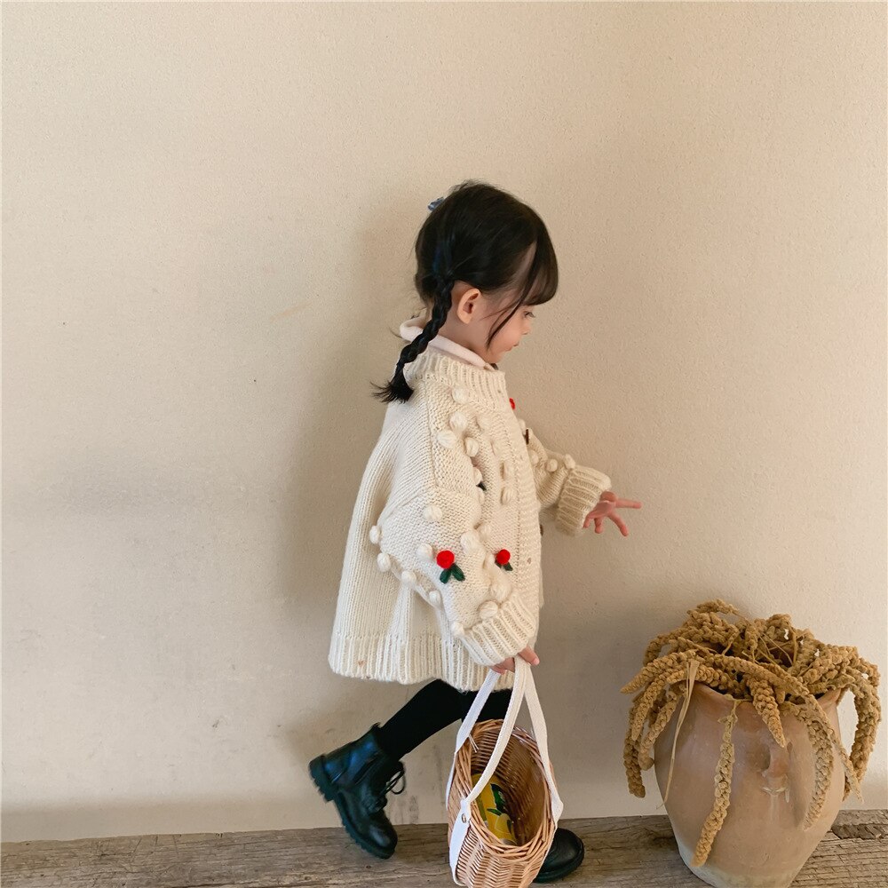Outono crianças cardigan solto meninas camisola cereja malha criança camisola jaqueta meninas casaco roupas crianças cardigan roupas