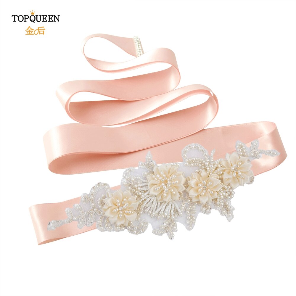 TOPQUEEN-cinturones de abalorios hechos a mano para novias, cinturón embellecedor de noche, cinturones de lujo, accesorios para vestidos de boda, S346: vintage pink ribbon