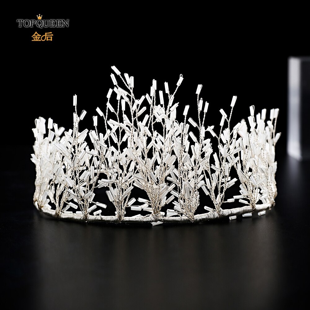 TOPQUEEN White Tube Beauty Queen Crown Tiara Cheap Bridal Crown Rhinestone Headbands for Women Hair Vines for Wedding HP193