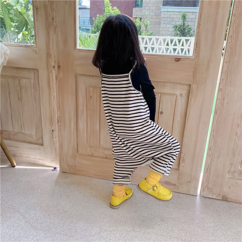 1-7Y Spring Autumn Infant Baby Girls Boys Overalls Pants White Black Striped Printed Sleeveless Pocket Jumpsuits Outfits