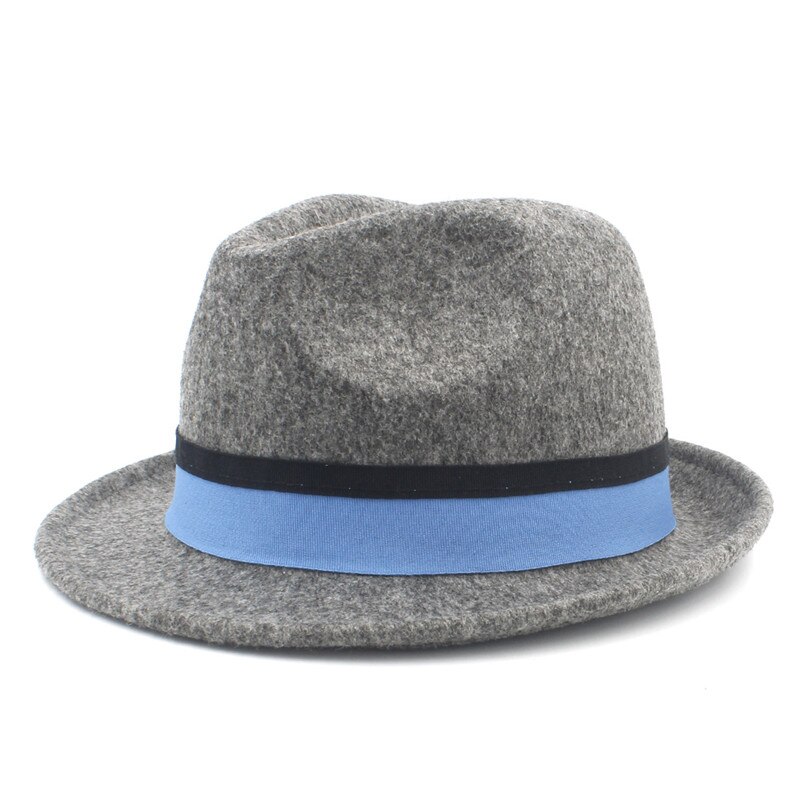 Ull kvinnor homburg fedora hatt med kort brim trilby filt båt jazz hatt med blått band bra pack  a18: Grå
