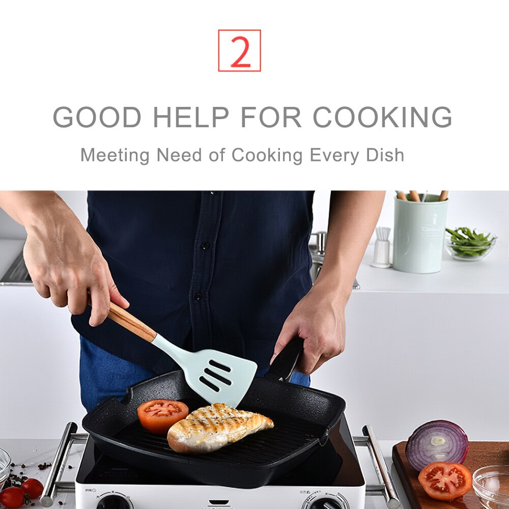 11Pcs Silicone Utensils Kitchen Utensils Set for Nonstick Pot Silica Gel Cooking Utensils Set Utensil Wooden Handle Kitchenware