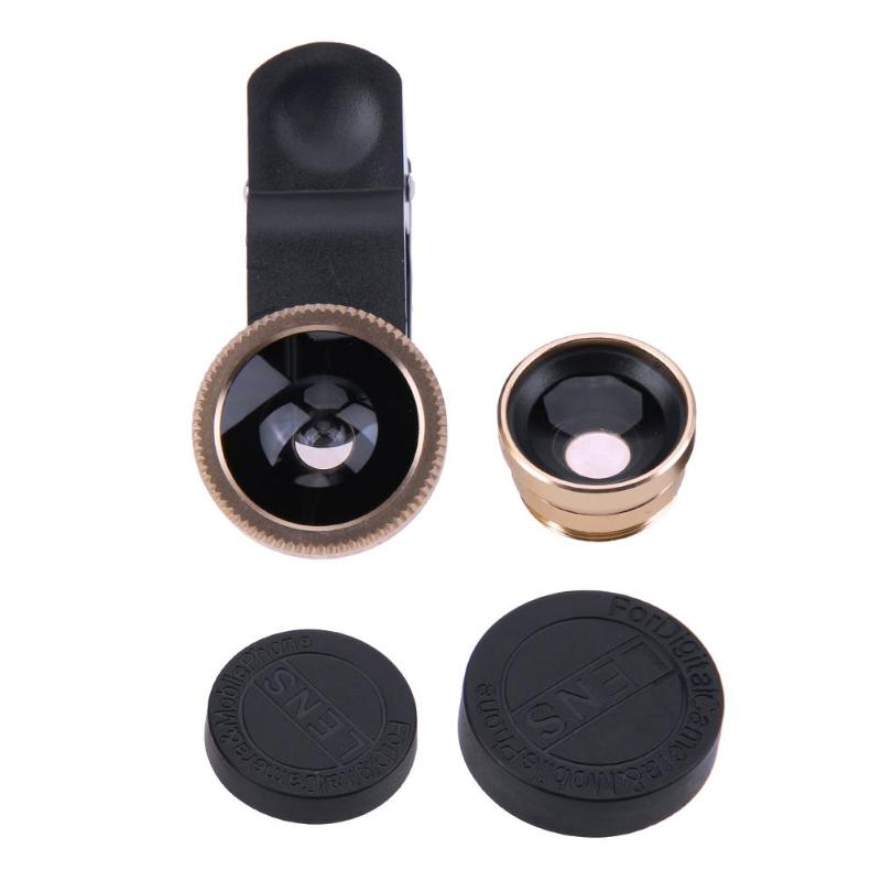 3 en 1 Mini objectif de caméra Fisheye avec pince téléphone Portable grand Angle Macro Kit d'objectif de caméra Portable démontable accessoires Photo: Or