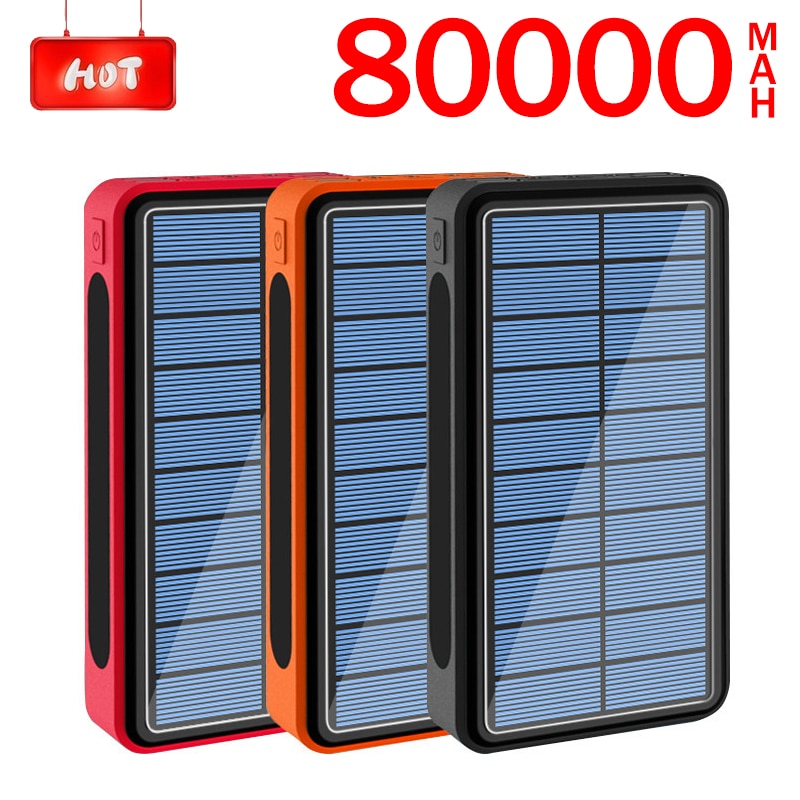 80000mAh Solar Power Bank Solar Panel Waterproof and Dustproof Outdoor Emergency 3 LED Light Charger for Xiaomi IPhone Samsung