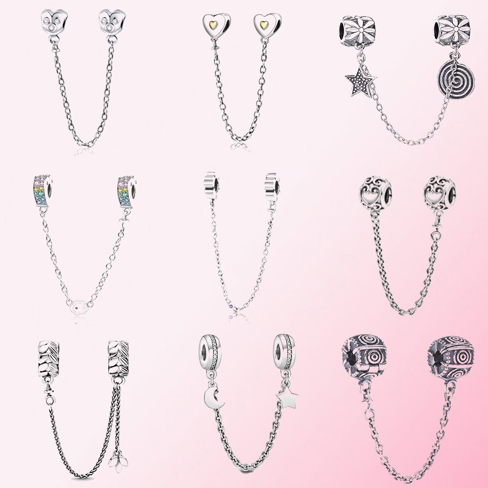 100% 925 Sterling Silver Classic Moon and Stars Ladies Charm Bracelet DIY Accessories Safety Chain