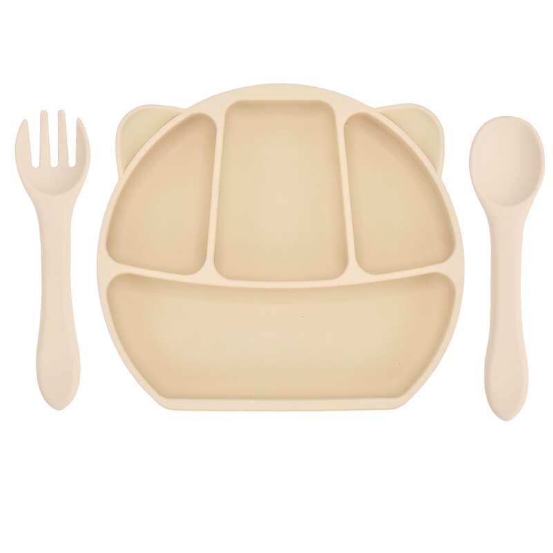 Baby Feeding Plate Food Grade Silicone Animal Type Suction Baby Plate BPA Free Waterproof Kid Tableware Plate Children Dishes: 1set Beige