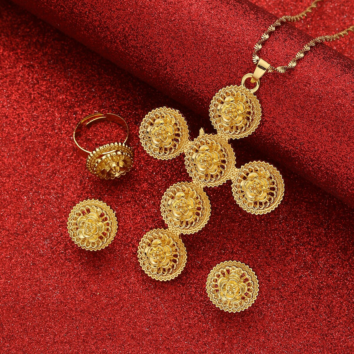 Goud Kleur Ethiopische Ketting Oorbellen Ring Ethiopië Eritrea Habesha Wedding Cross Sieraden Sets Voor Vrouwen Party