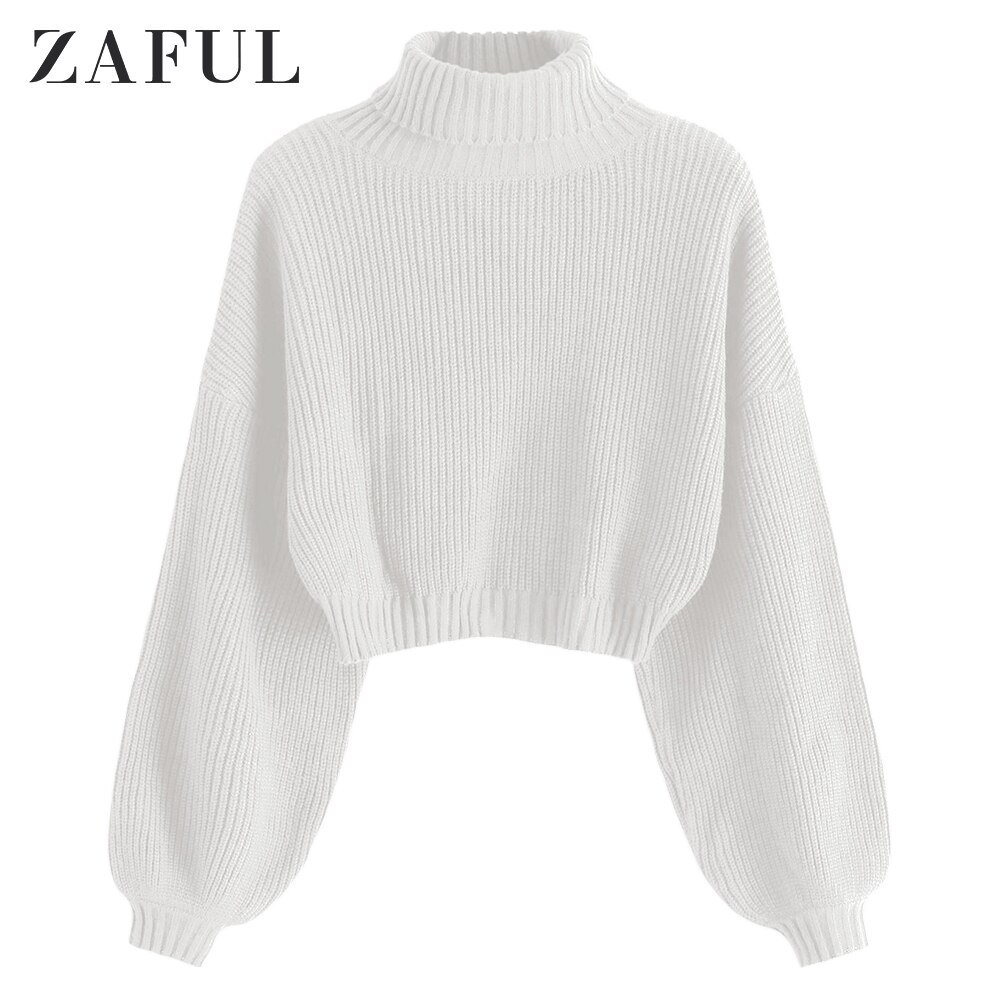 Zaful Coltrui Lange Lantaarn Mouwen Cropped Trui Roll Neck Schouder Solid Jumper Korte Elastische Vrouwen Truien Trui: White / M