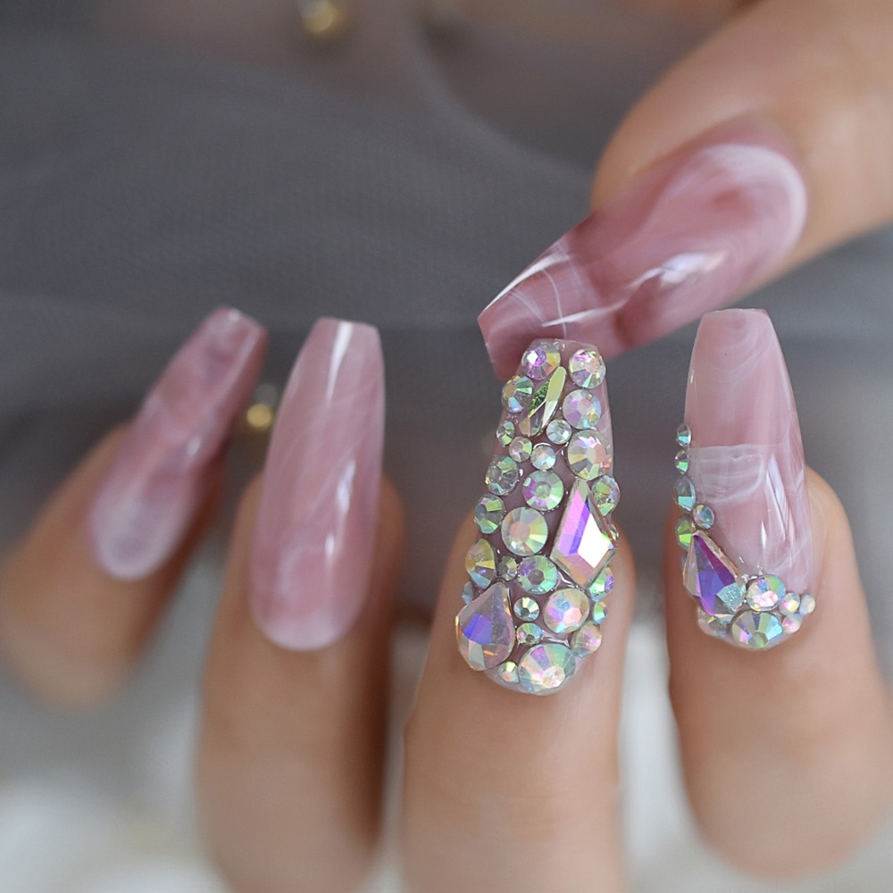 Faux Ongles en marbre, pré-conçus, pré-conçus, Ongles de luxe Extra longs en forme de cercueil, accessoires de décoration pour fêtes et mariage