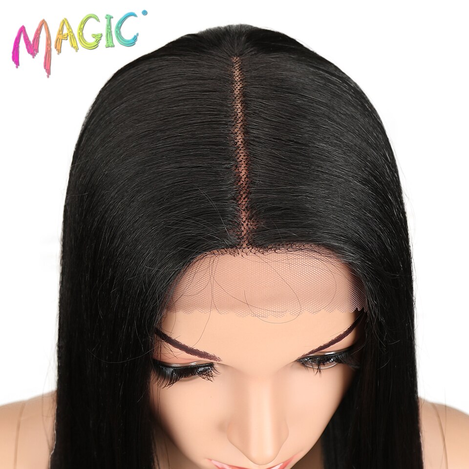 Cabelo mágico 20 "Polegada peruca dianteira do laço do cabelo reto sintético natural linha fina resistente ao calor parte do meio do cabelo da fibra para preto