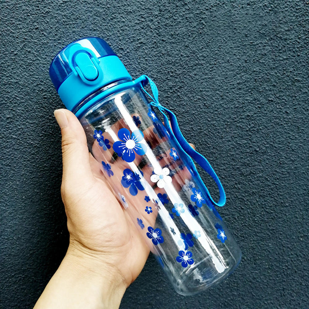 Summer 500ml Water Bottle Flower Portable Leak-proof Pink Bule Outdoor Bicycle Sports Drinking Cup Plastic for Girls: Blue