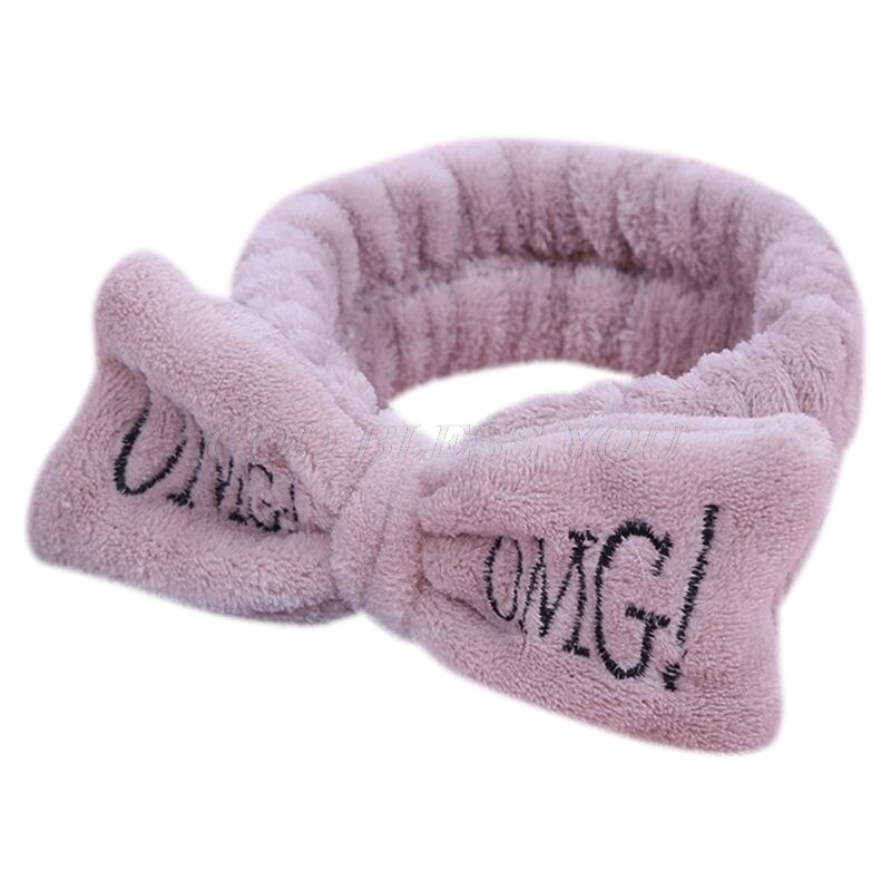 Vrouwen Meisjes Spa Brede Hoofdband Leuke Strik Omg Brieven Geborduurde Haarband Elastische Make Flanel Tulband Snoep Kleur Handdoek: Chocolade