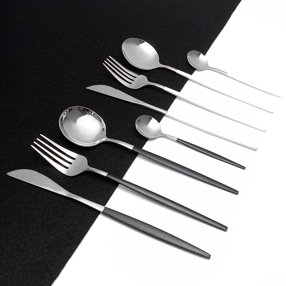 Zwart zilver 18/10 bestekset roestvrij staal 24 stuks servies steakmes theelepel feest keuken eten serviesset