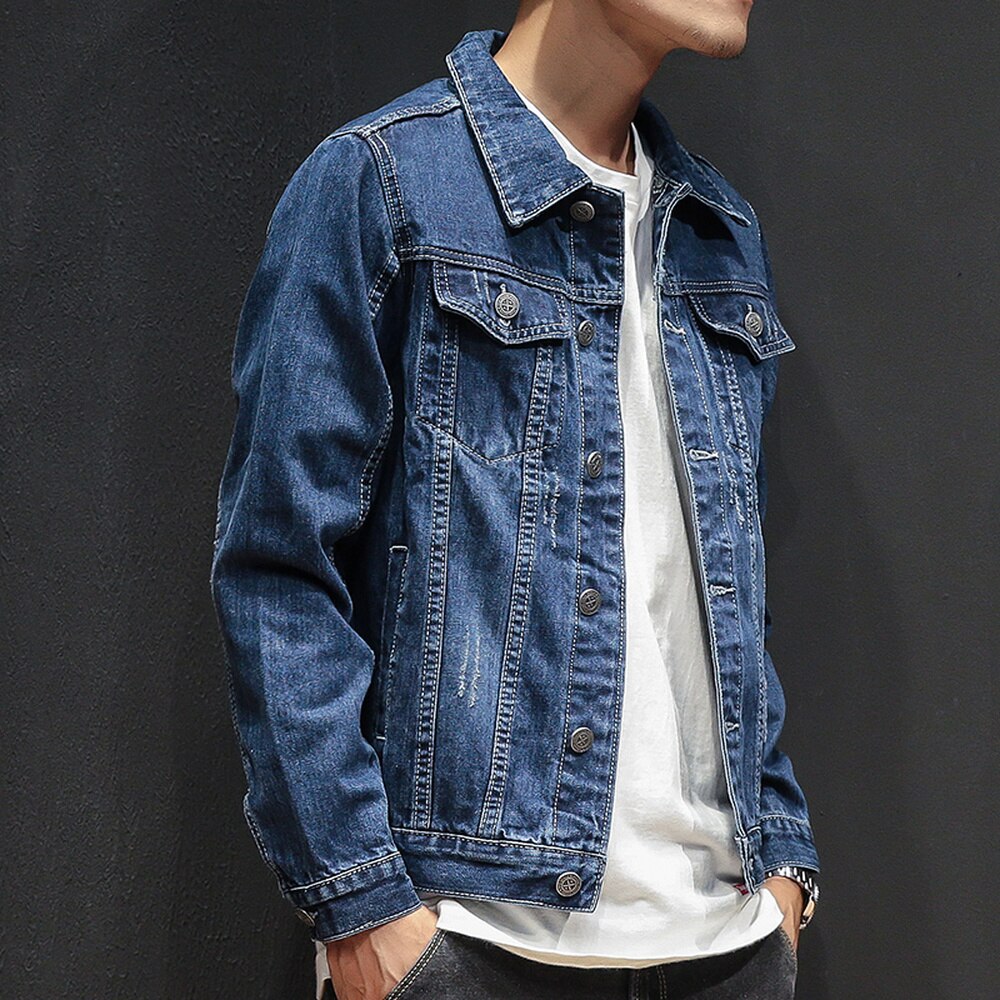 Distressed Blue Denim Jacket men Autumn Ripped Jeans Coat Male Slim Fit Casual Coats Solid Simple Plus Size 3XL Top