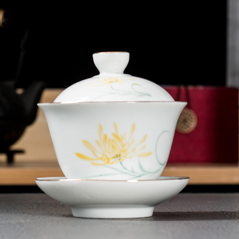 Chinese Style Ceramic Hand Painted Gaiwan Handmade Tea Bowl Set Tea Tureen Teacup Household Teaware Accessories Drinkware: E