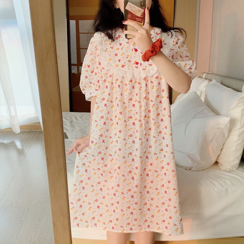 Zoete Leuke Over-De-Knie Vrouwen Nachtjapon Korte Mouwen Katoen Homewear Bloemen Gedrukt Nachthemd Slapen Jurk: Rood